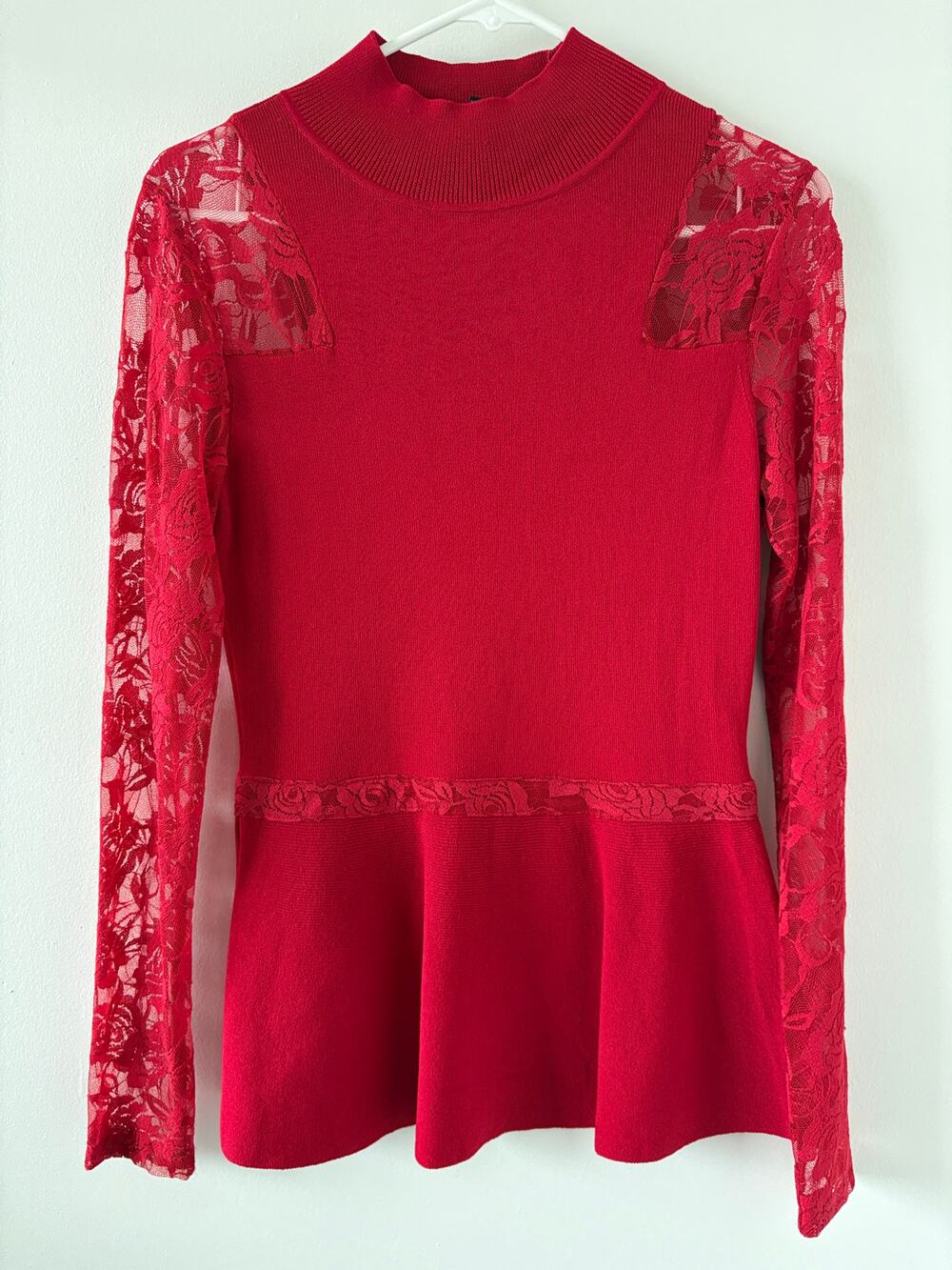 Red Lace Peplum Top Womens Sz S Romantic Mock Collar Sheer Long Sleeve Christmas
